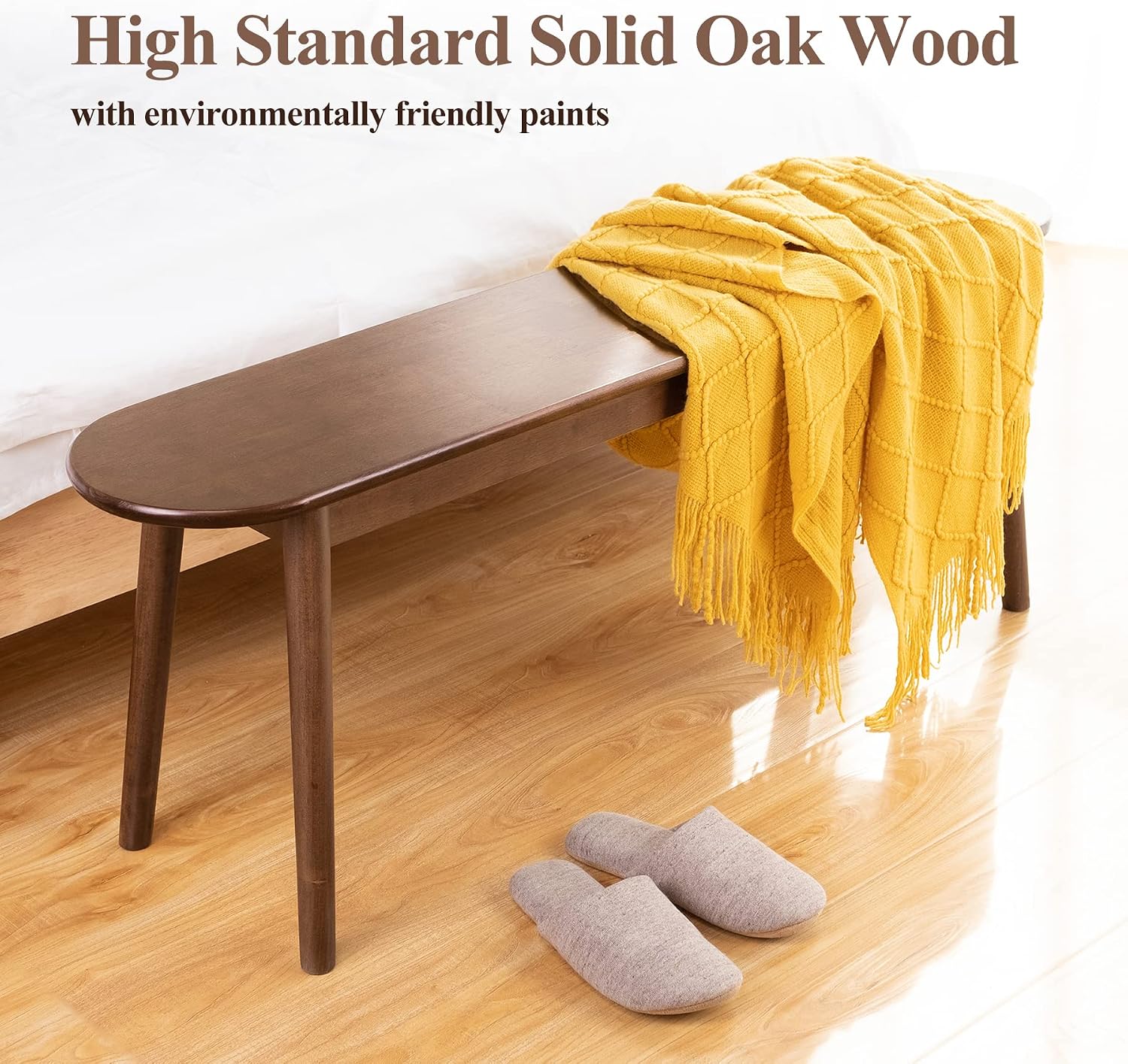 Entryway Bench, Solid Wood Dining Bench, Midcentury End of Bed Bench w/Rounded Corner, Outdoor Bench w/Robust Construction, Bedroom Bench, 10.24" W x 17.72" H（Walnut 39.4inches）
