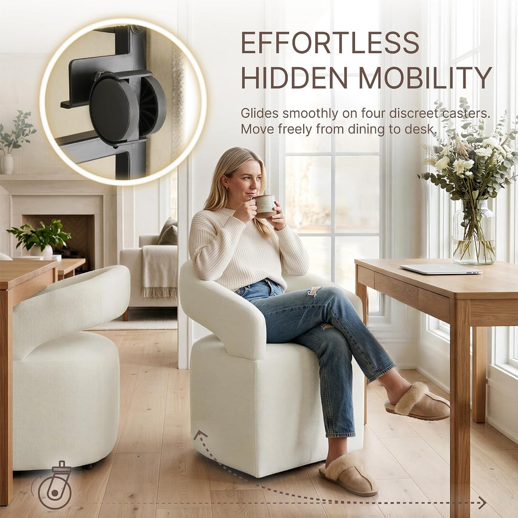 KISLOT Upholstered Dining Chairs Set of 2, Modern Arm Kitchen & Dining Room Chairs with Hidden Casters, Linen Fabric Padded Rolling Chairs, Sturdy Wood Frame, 300 lbs Capacity, Cream Beige