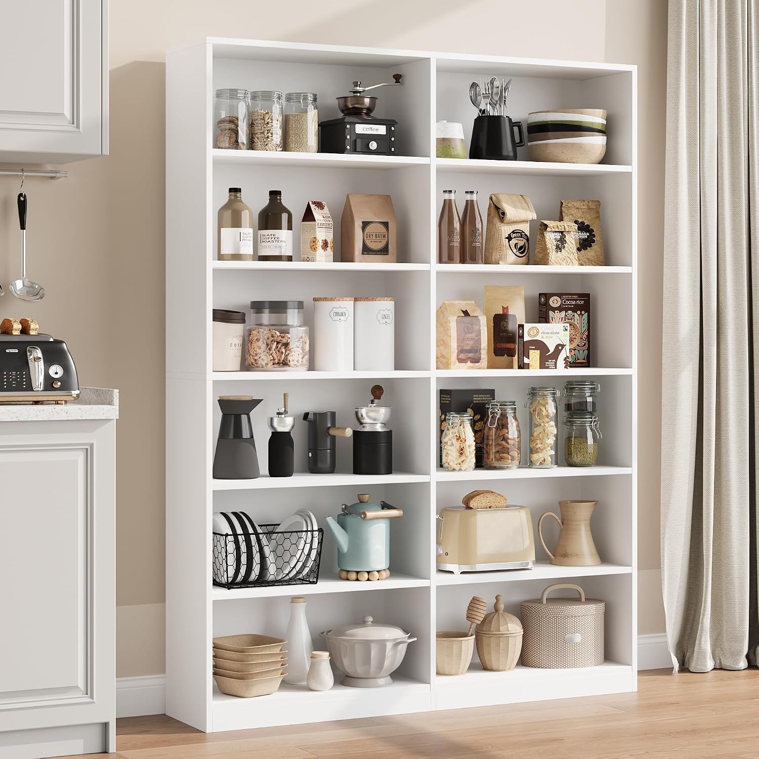 FACBOTALL Bookshelf Tall Bookcase, 6-Tier Double Wide Bookshelves, White