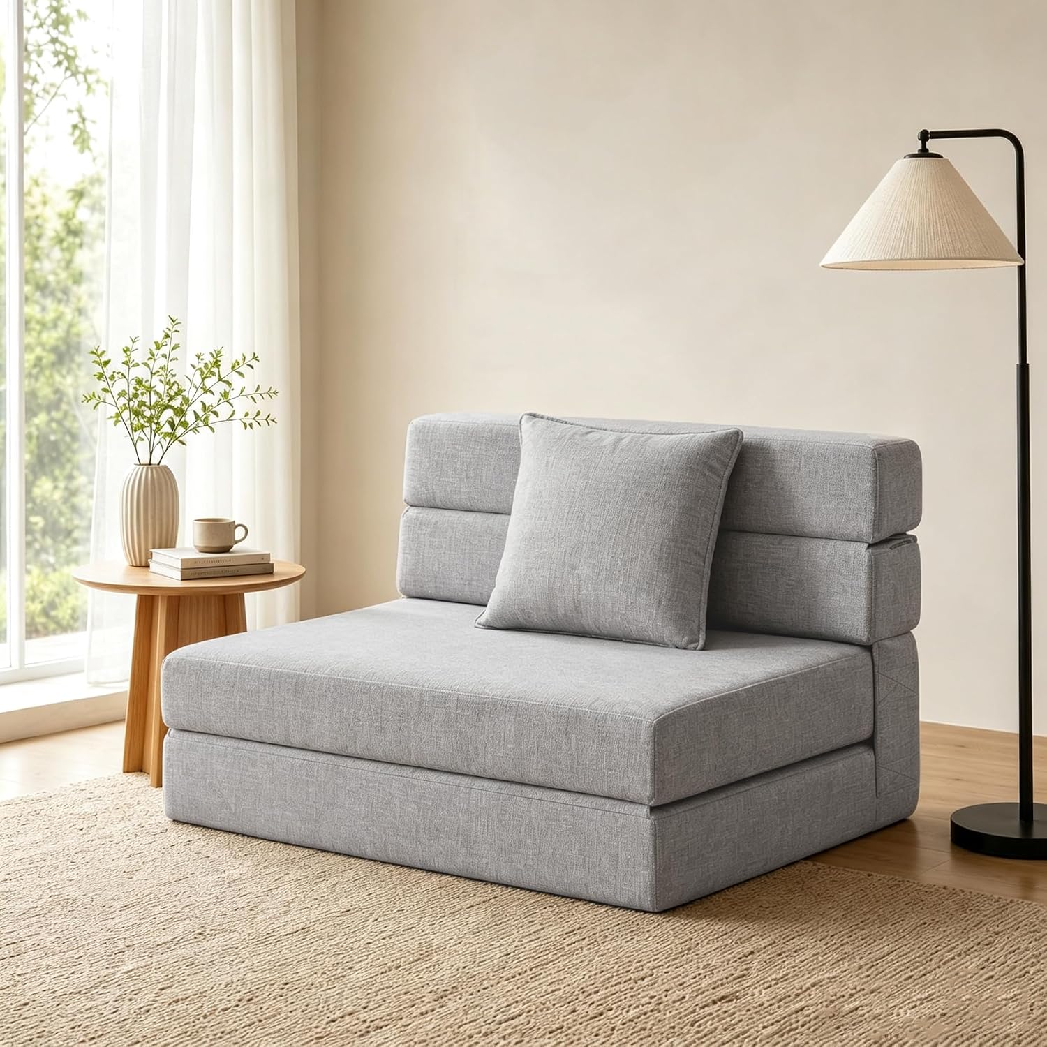 Folding Sleeper Chair Sofa Bed Lazy Couch with Pillow, Fold Out Chair Bed | Foam Futon Floor Couch, Convertible Sofa for Small Space Apartment Guest Room, Twin Size, Light Gray