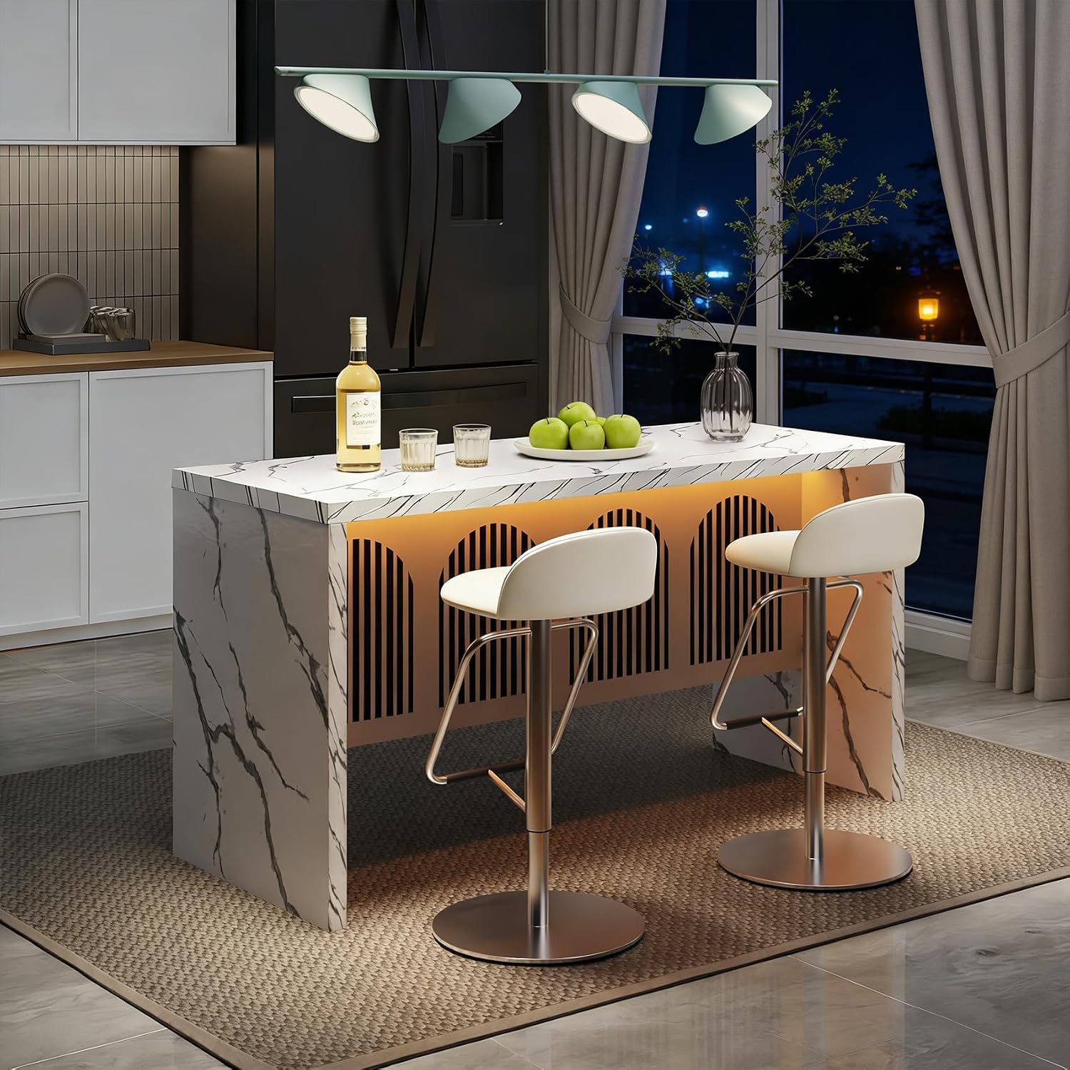 59IN Large Imitation Marble Dining Table, Suitable for 4-6 People, Modern Kitchen Island with LED Lights, Marble Stripes, Easy to Clean, Suitable for Kitchens, Dining Rooms, and Living Rooms