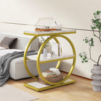 IBUYKE Narrow End Table with 3 Storage Shelves, Industrial Sofa Side Table, Double Round Metal Frames, Slim Nightstand and Bedside Table for Bedroom, Living Room, White with Gold UTMJ418G