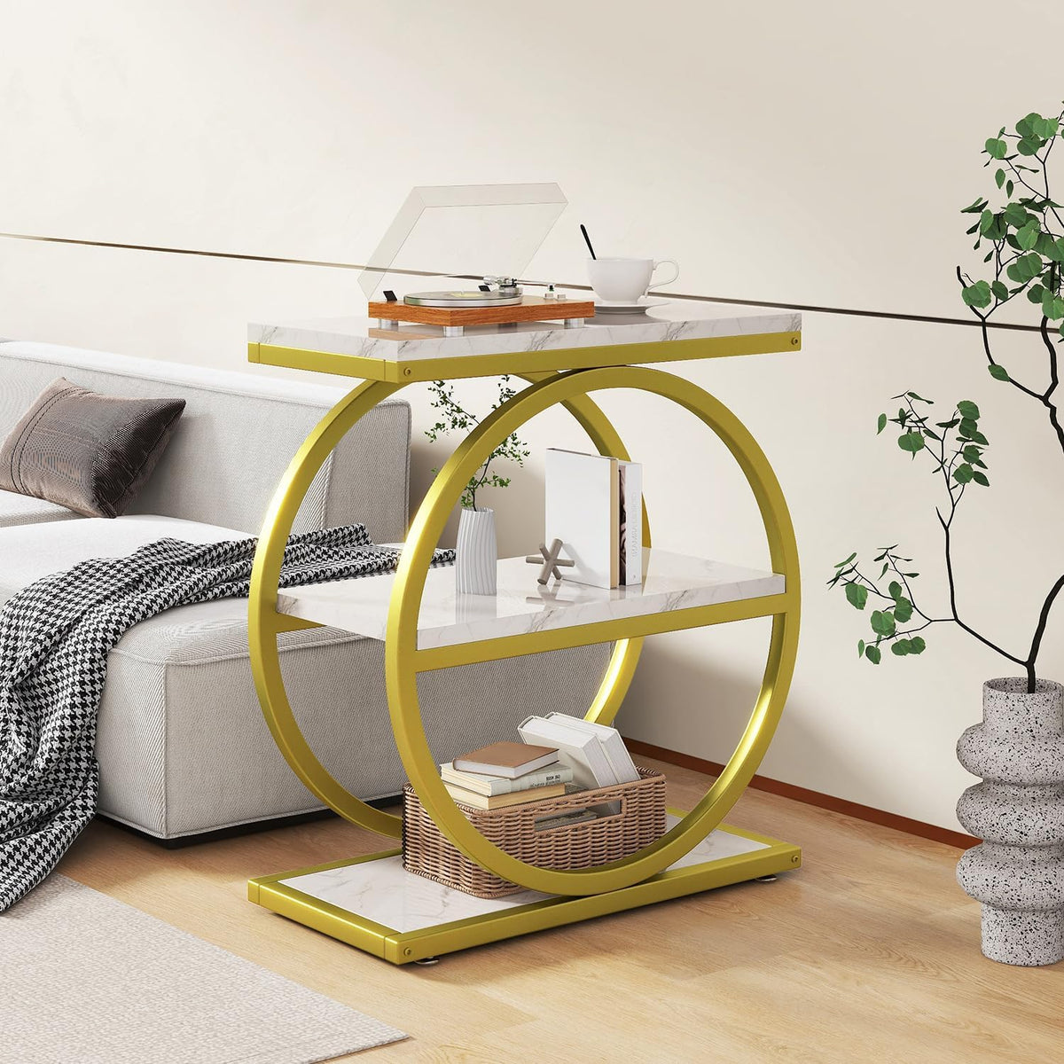 IBUYKE Narrow End Table with 3 Storage Shelves, Industrial Sofa Side Table, Double Round Metal Frames, Slim Nightstand and Bedside Table for Bedroom, Living Room, White with Gold UTMJ418G