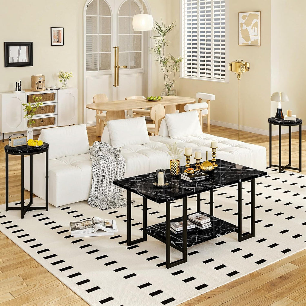 Lamerge 3 Pieces Living Room Table Set, Faux Marble Coffee Table with 2 Round End Side Tables, Coffee Table Set with Metal Frame for Apartment Home Office, Black