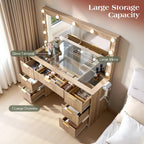 LUXOAK 47" Makeup Vanity Desk with Large Mirror & LED Lights, Oak | Fluted Vanity with 7 Drawers, Glass Top & Charging Station, Dressing Table for Bedroom, Women & Girls