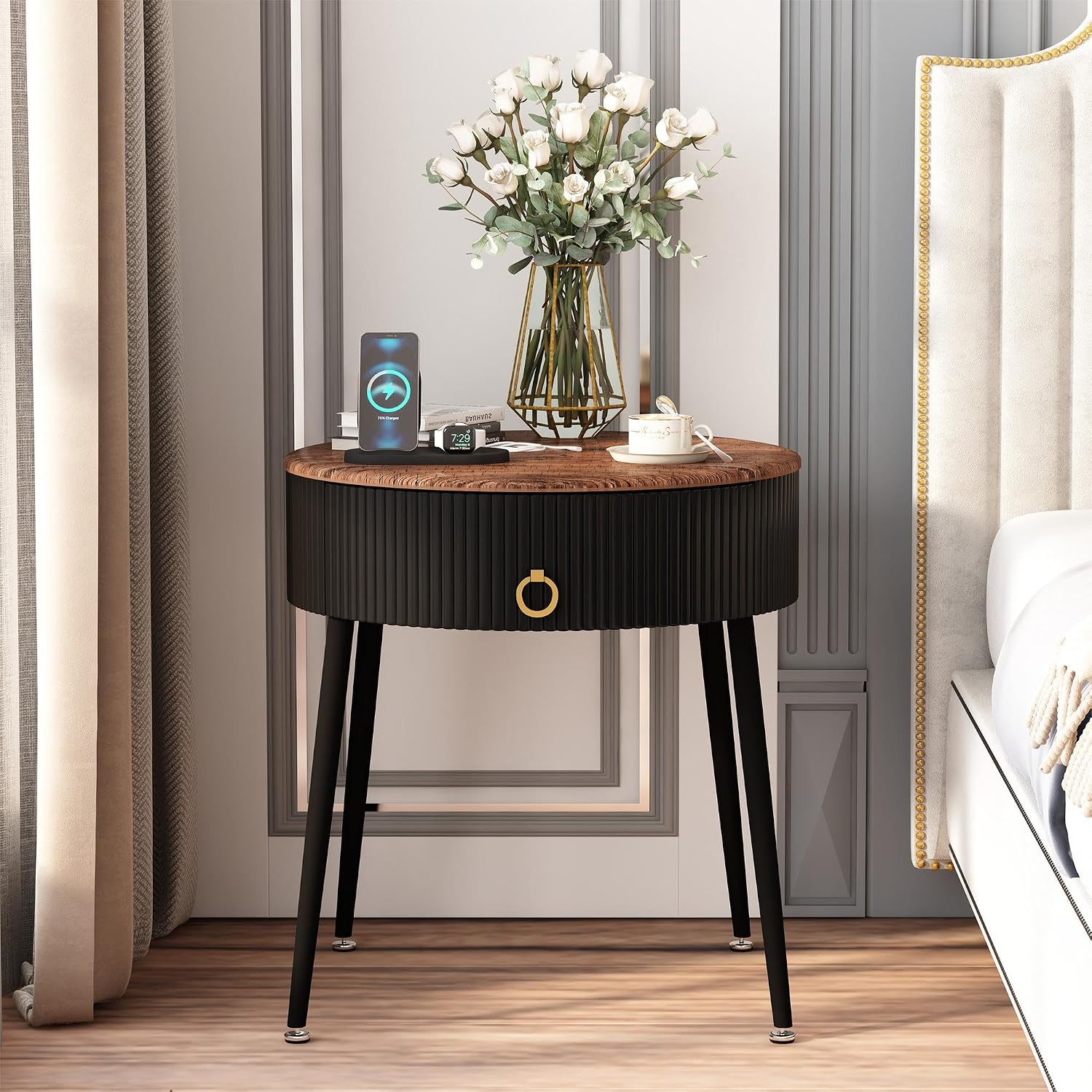 OIOG End Tables Set of 2, Wood Grain Bedside Tables with Drawer, Black