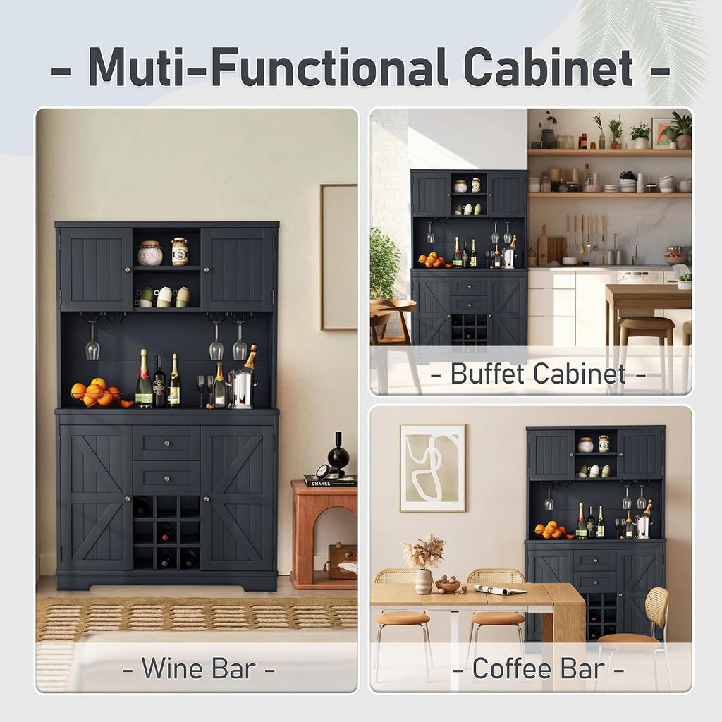 Merax 73.8" Kitchen Pantry Storage Cabinet, Freestanding Larder Cupboard, Kitchen Hutch Cabinet with Drawers Shelves and Cabinets, Buffet Cabinet Wine & Glass Racks for Dining Room, Living Room, Blue