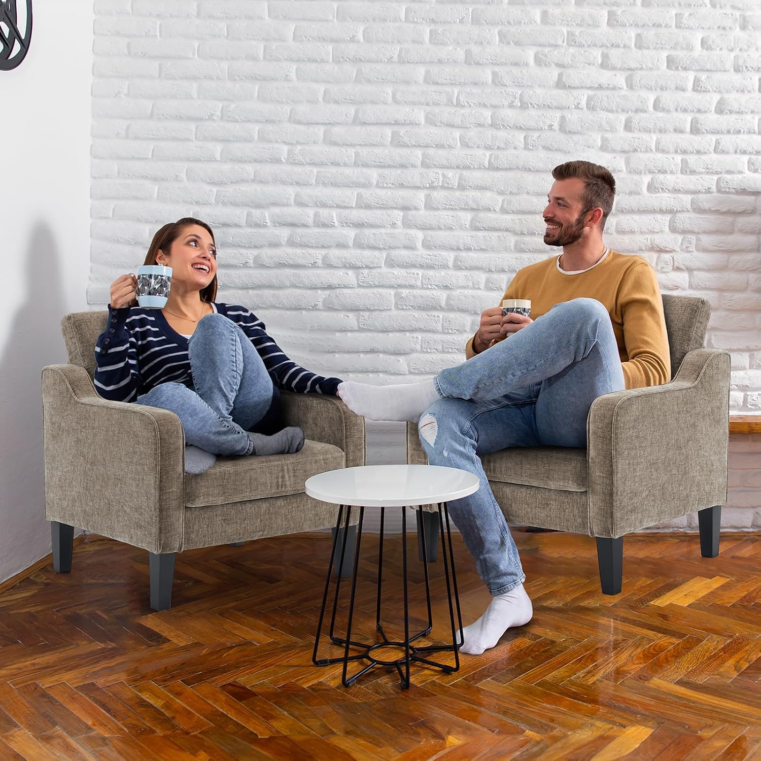 VINGLI Accent Chairs Set of 2, Modern Traditional Armchair for Living Room | Light Brown Reading Chair for Bedroom, Chenille Upholstered Sofa Chairs, Comfy Chair for Small Space, Apartment, Waiting Room