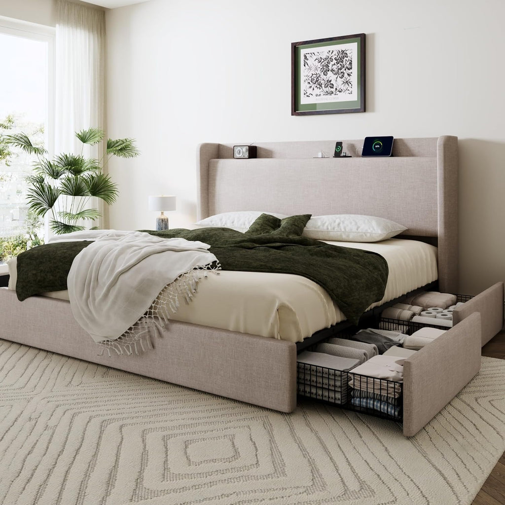 SHA CERLIN King Size Storage Bed Frame with 4 Oversized Drawers, Modern Wingback Headboard with Storage Shelf & Charging Station, No Box Spring Needed, Easy Assembly, Beige