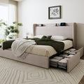 SHA CERLIN King Size Storage Bed Frame with 4 Oversized Drawers, Modern Wingback Headboard with Storage Shelf & Charging Station, No Box Spring Needed, Easy Assembly, Beige
