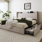 SHA CERLIN King Size Storage Bed Frame with 4 Oversized Drawers, Modern Wingback Headboard with Storage Shelf & Charging Station, No Box Spring Needed, Easy Assembly, Beige