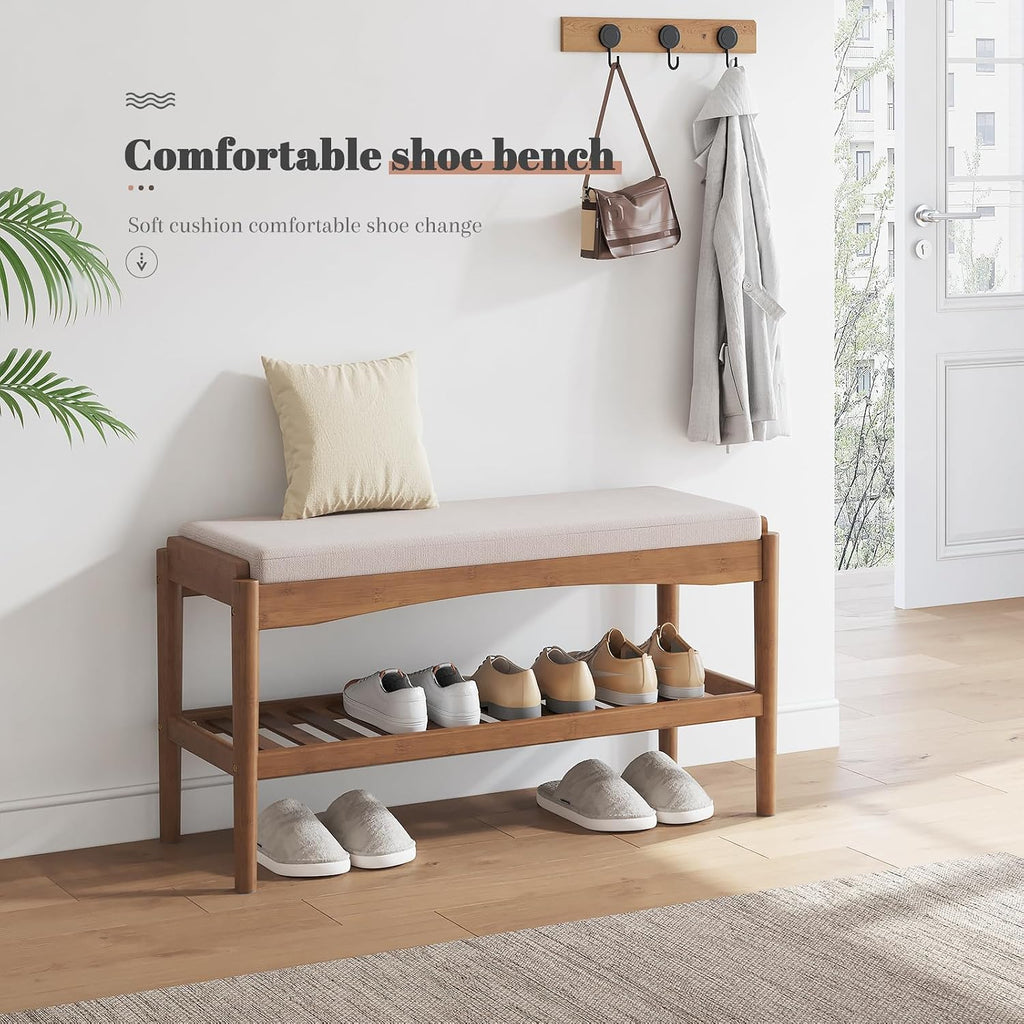 STDDRE Shoe Bench Entryway Bamboo 2-Tier Shoe Rack with Cushion Padded Seat Shoe Bench Organizer Stable for Entry, Hallway, Living Room, Bedroom, Closet (31.5 * 11.4 * 16.5IN, Brown-Beige)