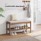 STDDRE Shoe Bench Entryway Bamboo 2-Tier Shoe Rack with Cushion Padded Seat Shoe Bench Organizer Stable for Entry, Hallway, Living Room, Bedroom, Closet (31.5 * 11.4 * 16.5IN, Brown-Beige)