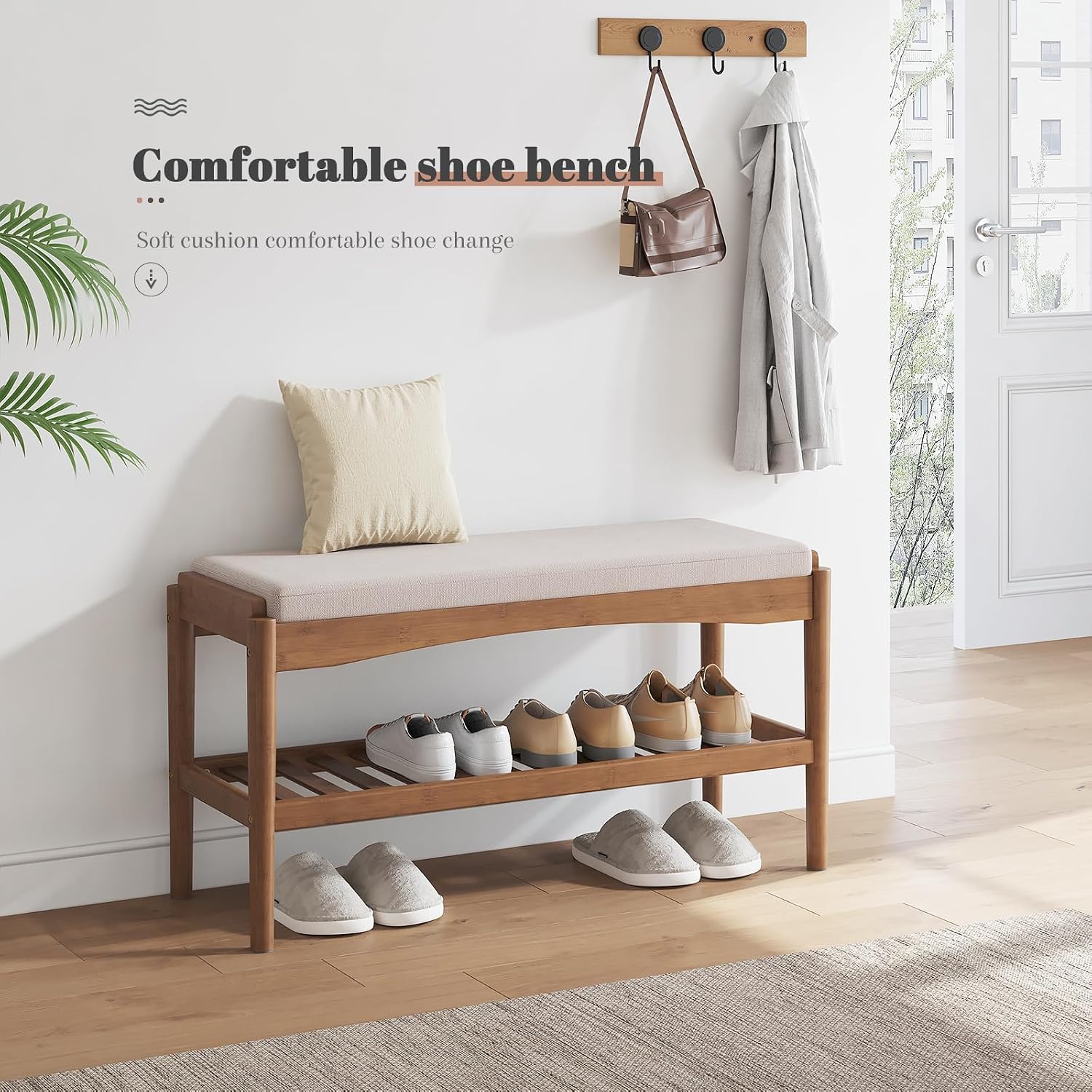 STDDRE Shoe Bench Entryway Bamboo 2-Tier Shoe Rack with Cushion Padded Seat Shoe Bench Organizer Stable for Entry, Hallway, Living Room, Bedroom, Closet (31.5 * 11.4 * 16.5IN, Brown-Beige)