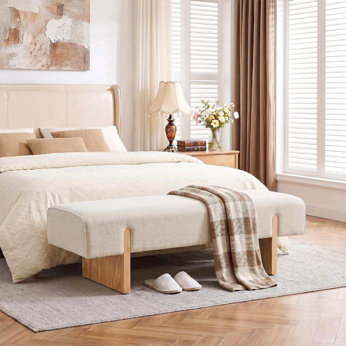 Zesthouse Solid Wood Bench for Bedroom, 55'' Upholstered Linen Fabric End of Bed Bench Queen Size, Modern Wooden Entryway Bench with Rubberwood Leg & Padded Cushion, Long Ottoman Bench Seat Indoor