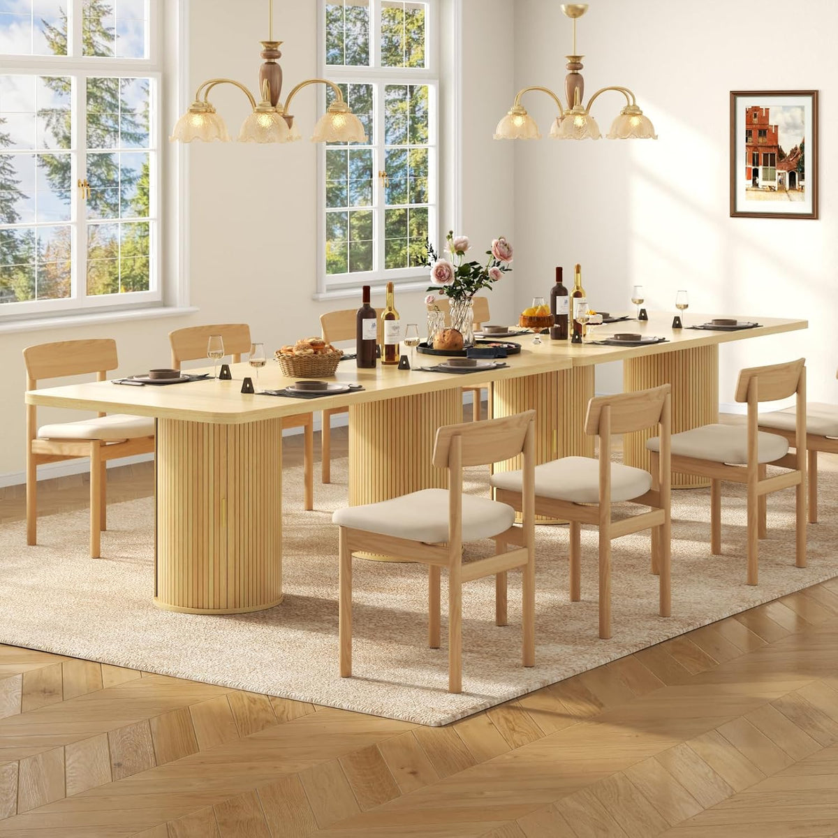 79" Rectangular Dining Table for 8-10, Wood Kitchen Table with 2-Layer Storage Shelf & Sturdy Base, Mid Century Modern Dinner Table with Wide Tabletop for Dining Room, Living Room