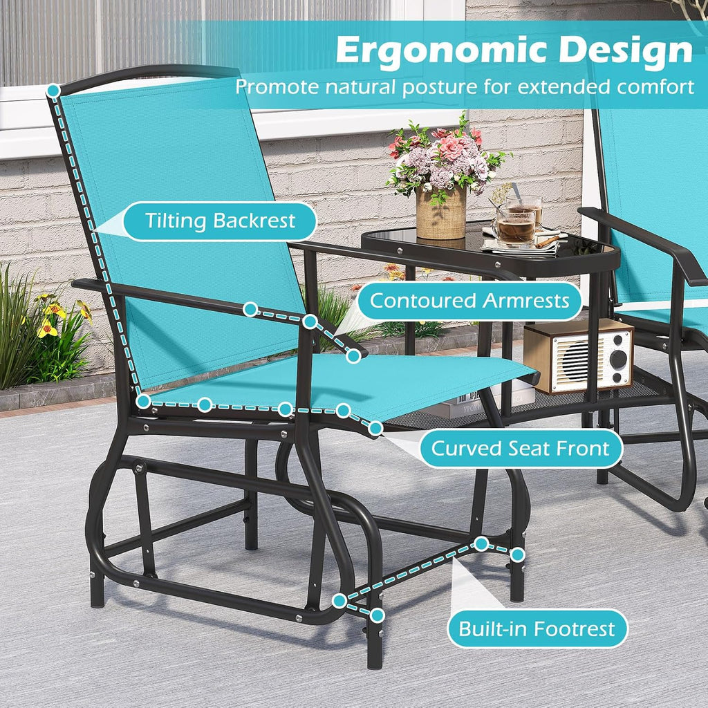 Tangkula 2-Seater Outdoor Glider Bench with 2-Tier Center Table (Turquoise) | Breathable Mesh Fabric Seat & Back, Footrest, Storage Shelf, Heavy-duty Metal Frame for Garden, Porch, Backyard