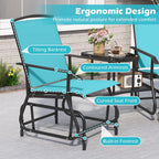 Tangkula 2-Seater Outdoor Glider Bench with 2-Tier Center Table (Turquoise) | Breathable Mesh Fabric Seat & Back, Footrest, Storage Shelf, Heavy-duty Metal Frame for Garden, Porch, Backyard