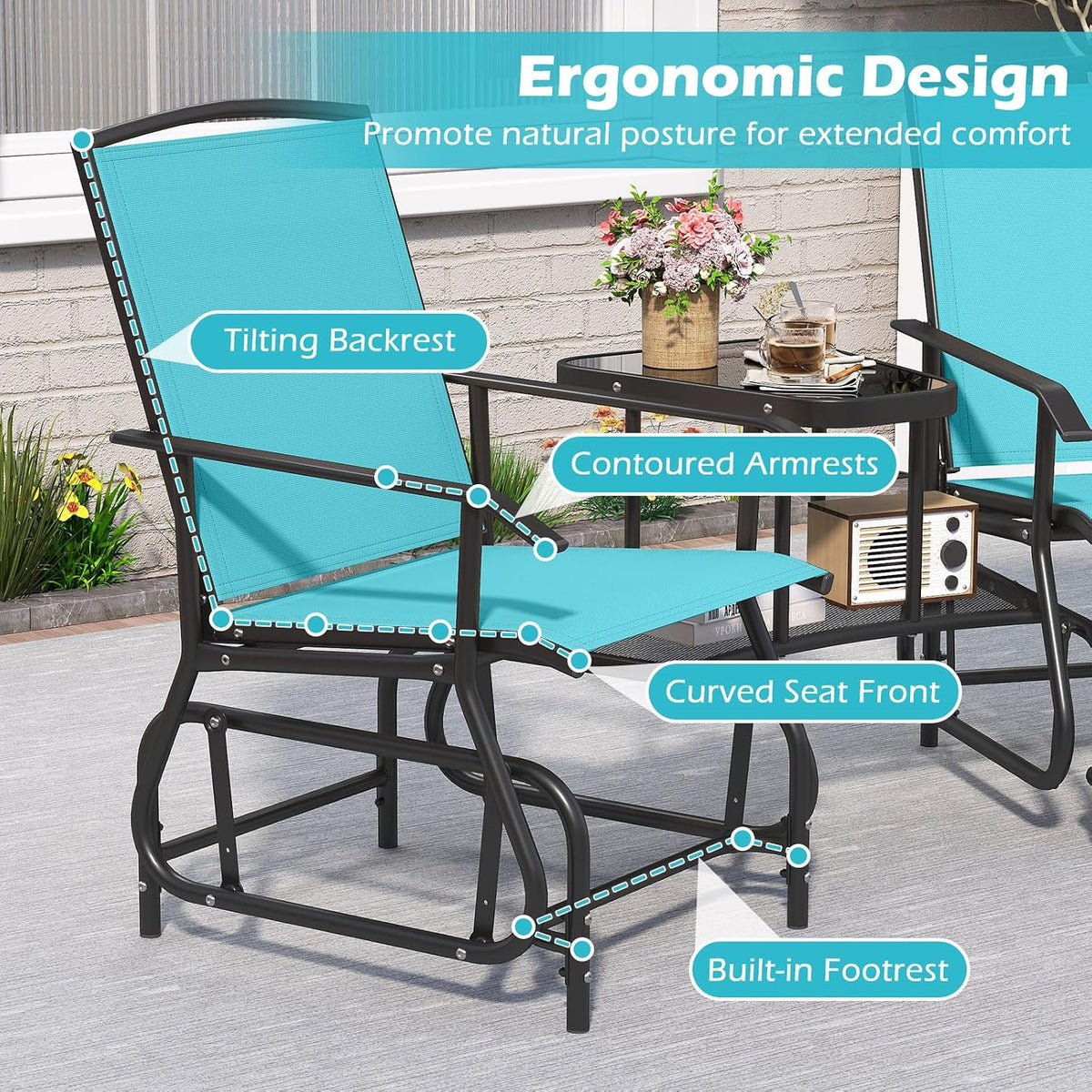 Tangkula 2-Seater Outdoor Glider Bench with 2-Tier Center Table (Turquoise) | Breathable Mesh Fabric Seat & Back, Footrest, Storage Shelf, Heavy-duty Metal Frame for Garden, Porch, Backyard