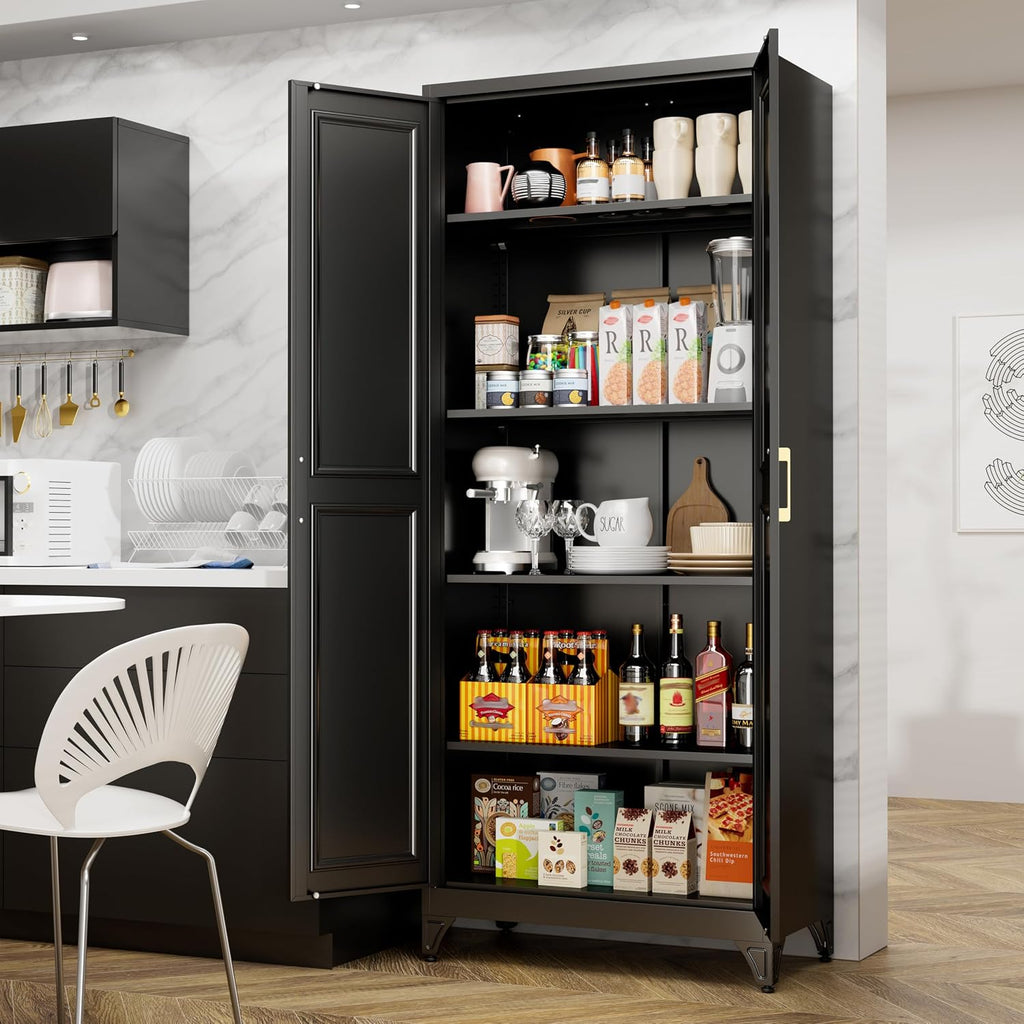 75" Tall Metal Storage Cabinet, Kitchen Pantry Storage Cabinets with Doors and 4 Shelves, Black Pantry Cabinet, Utility Kitchen Cupboard, Large Steel Cabinets for Dining, Office, Living Room