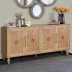 Sideboard Buffet 63" Credenzas for Living Room, Entryway Table with Storage Cabinet Natural Wood Color, Carved Flowers Doors & Cable Holes