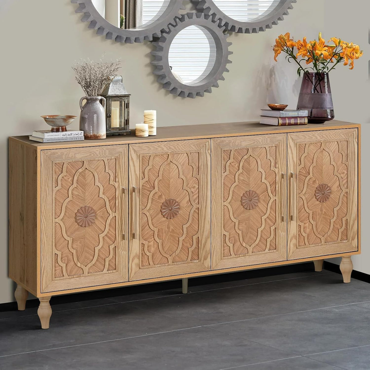 Sideboard Buffet 63" Credenzas for Living Room, Entryway Table with Storage Cabinet Natural Wood Color, Carved Flowers Doors & Cable Holes