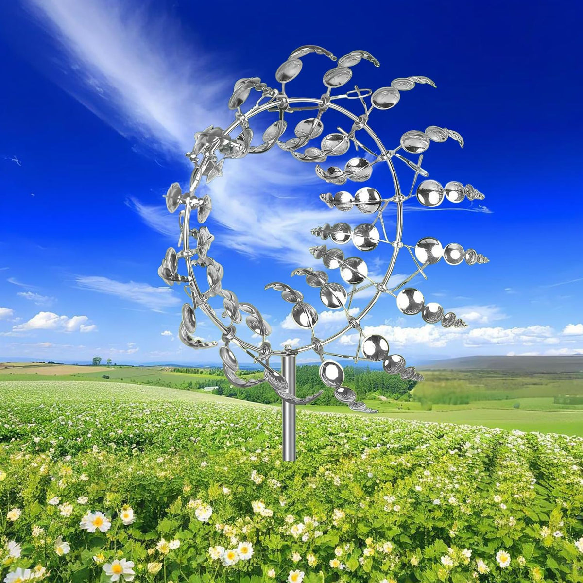 Magical Metal Windmill, Garden Spinners Outdoor, Wind Spinners Outdoor, 360° Metal Windmill for Yard Garden, Wind Powered Sculptures and Spinners for Decor (1Pcs Silver Windmill)
