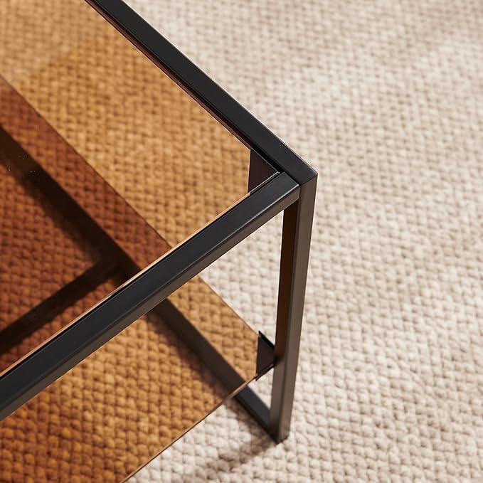 Shrine Brown Glass Coffee Table, Modern Design, Dual-Layer Coffee Table for Living Room, Black Metal Frame, Brown Glass Top