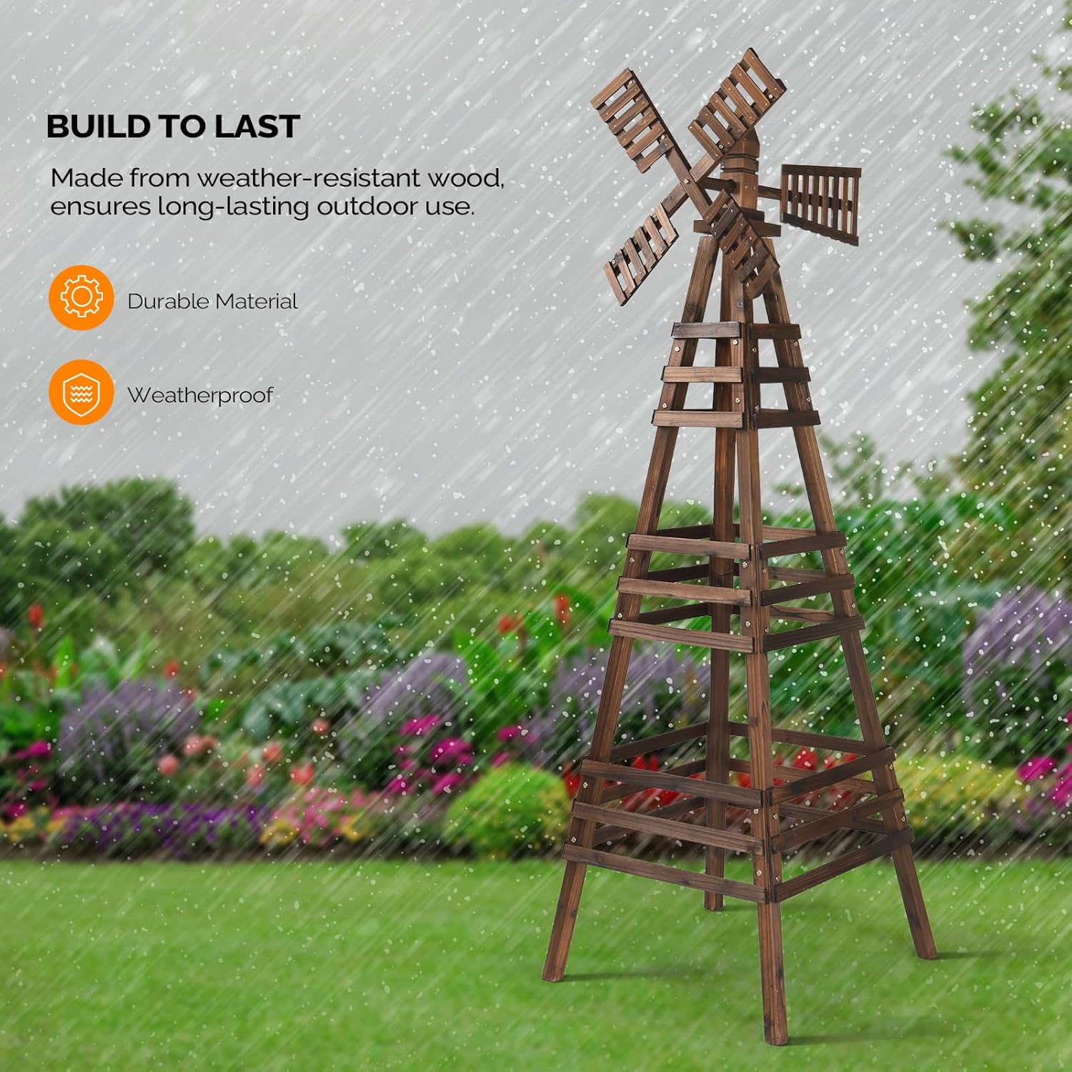 Wooden Windmill, Weather-Proof Wind Spinner, Outdoor Wind Mill for Garden Lawn Patio Decoration (Carbonized, Large)