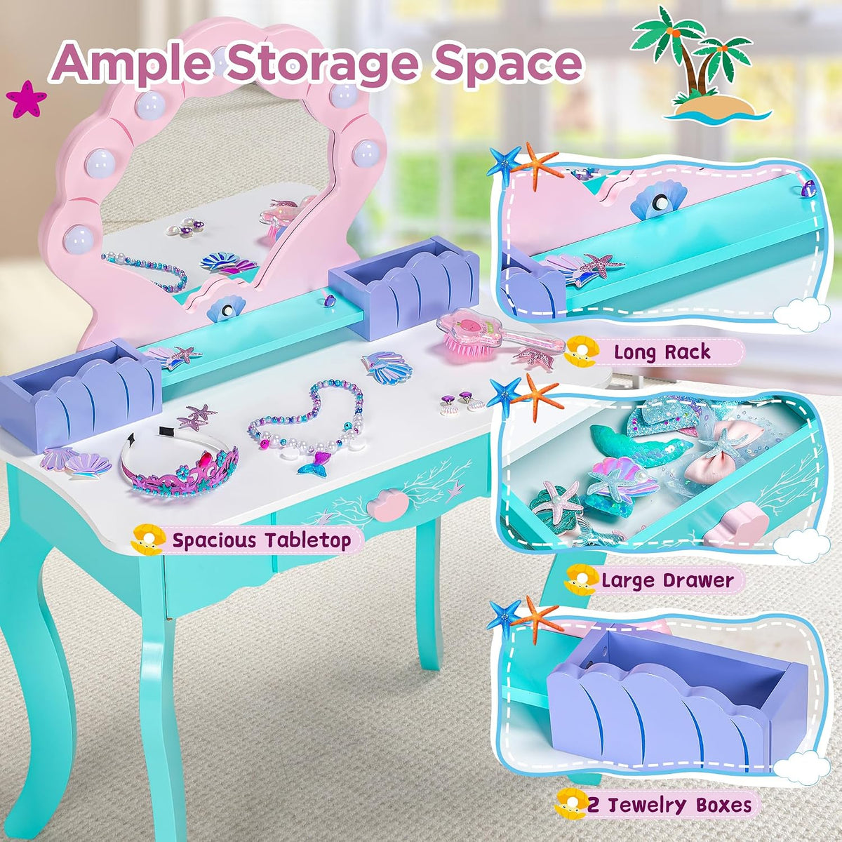Vanity Set with Lights & Mirror, Wooden Dressing Table and Chair | 2 in 1 Ocean Theme Makeup Table and Stool Set, Little Girls Princess Pretend Play Set, Accessories, Kids Vanity for Birthday