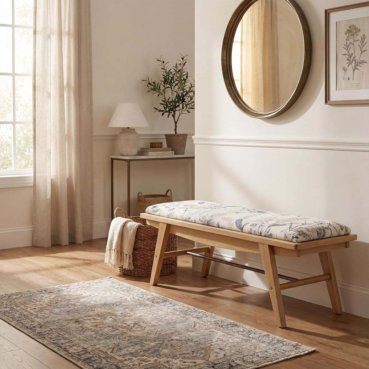 chairus Modern Shoe Bench Linen Fabric Upholstered Padded Seat Wooden Entryway Bench for Living Room End of Bed Hallway(Floral, 43.5" W)
