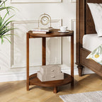 Solid Wood Side Table for Living Room, Small Round End Table with 2-Tier Storage, 19-Inch Wooden Circle Retro Nightstand, Accent Furniture for Small Spaces, Bedroom, Apartment, Brown