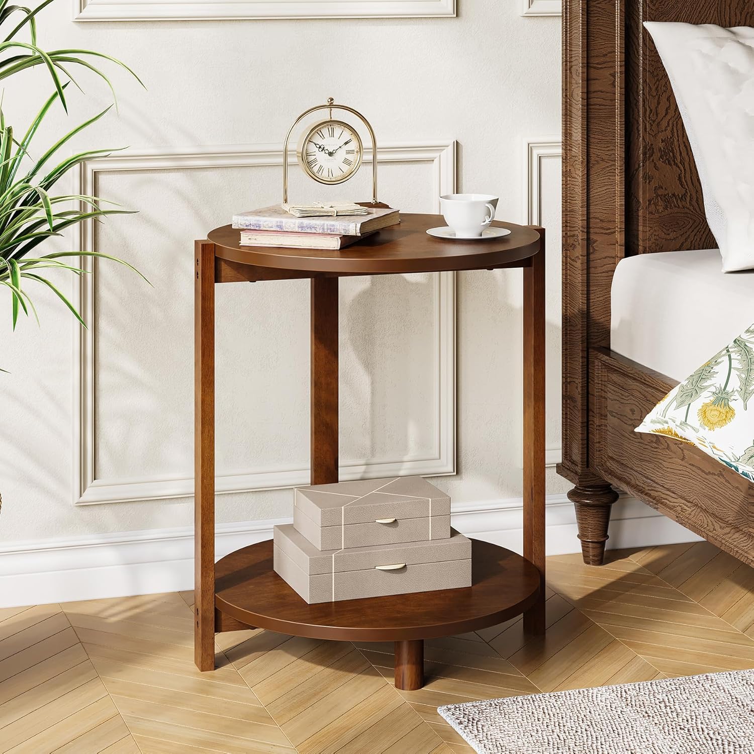 Solid Wood Side Table for Living Room, Small Round End Table with 2-Tier Storage, 19-Inch Wooden Circle Retro Nightstand, Accent Furniture for Small Spaces, Bedroom, Apartment, Brown