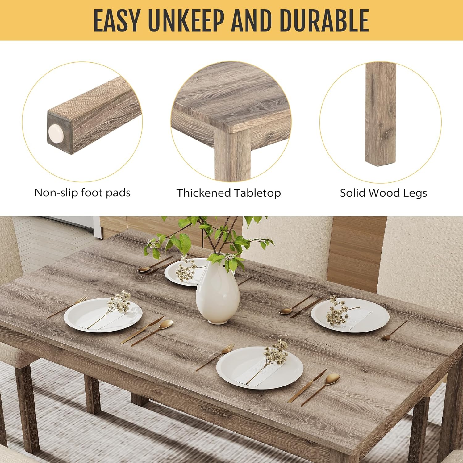 Zevemomo 6-Piece Solid Wood Dining Table Set, Including 1 Dining Table, 4 Upholstered Chairs and 1 Bench, Dining Table Sets for 6, Wooden Legs Table Set for Dining Room, Kitchen, Brown