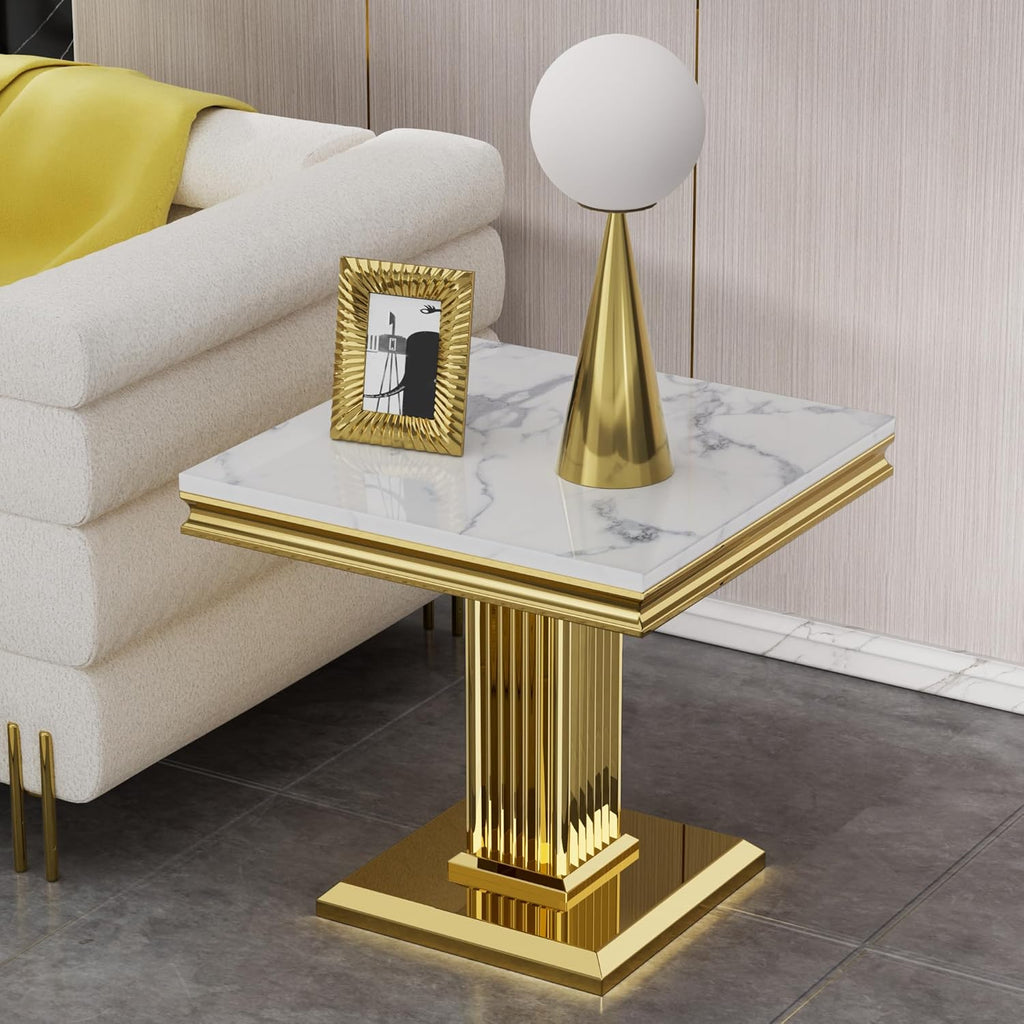 Henf 23in Square End Table Faux Marble End Table with Pillar Stainless Steel Base, Night Table White Marble top Accent Sofa Side Table for Living Room Office, Luxury White&Gold End Side Table