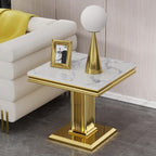 Henf 23in Square End Table Faux Marble End Table with Pillar Stainless Steel Base, Night Table White Marble top Accent Sofa Side Table for Living Room Office, Luxury White&Gold End Side Table