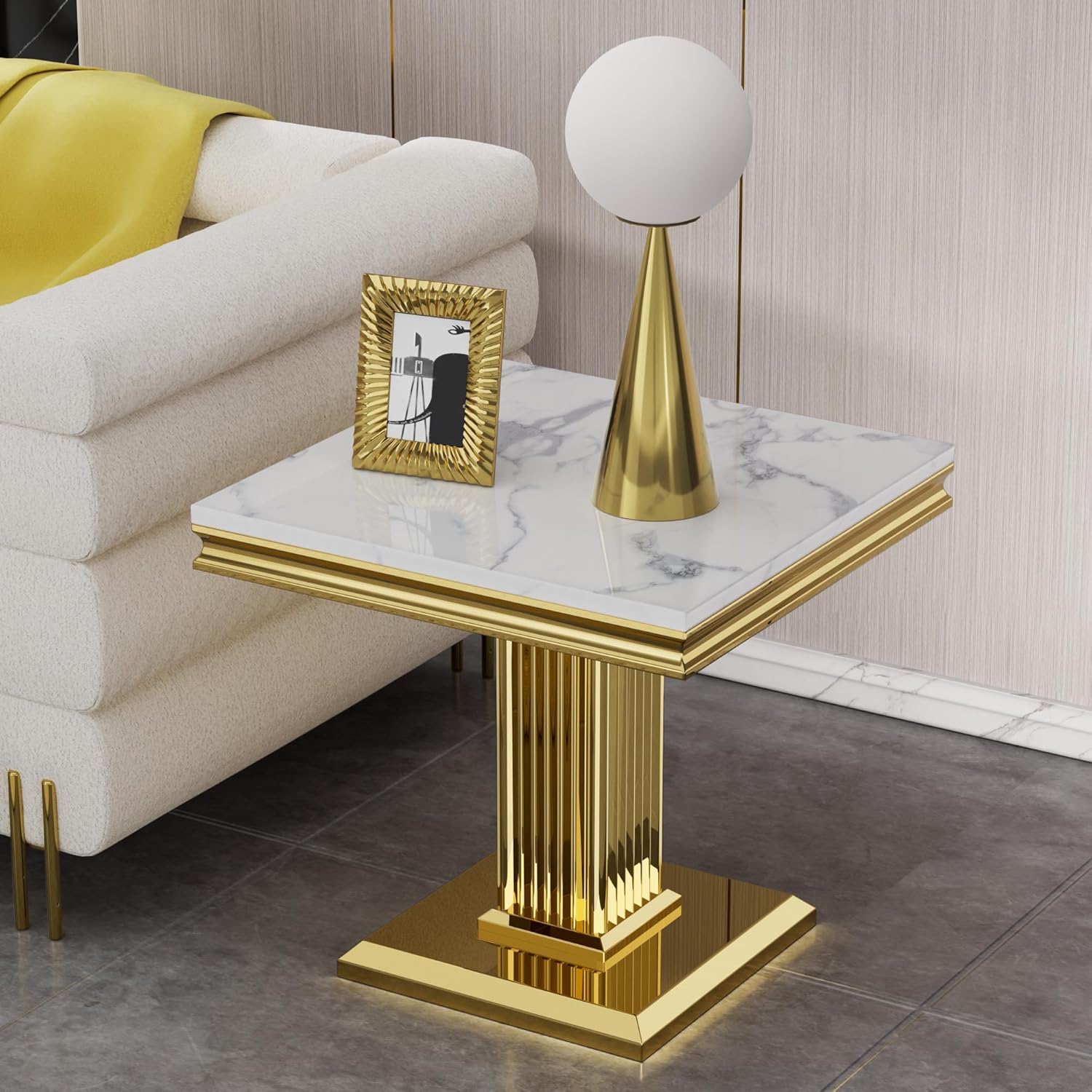 Henf 23in Square End Table Faux Marble End Table with Pillar Stainless Steel Base, Night Table White Marble top Accent Sofa Side Table for Living Room Office, Luxury White&Gold End Side Table