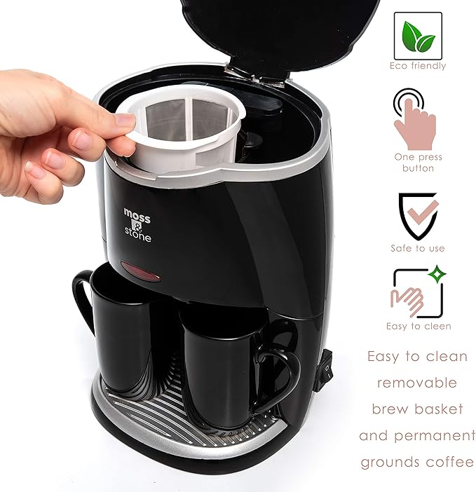 Moss & Stone Mini Drip Coffee Maker with Mug (5 oz Mugs), Small Coffee Pot With 2 Coffee Cups, Mini Coffee Maker (2 Drip & 2 Mug)