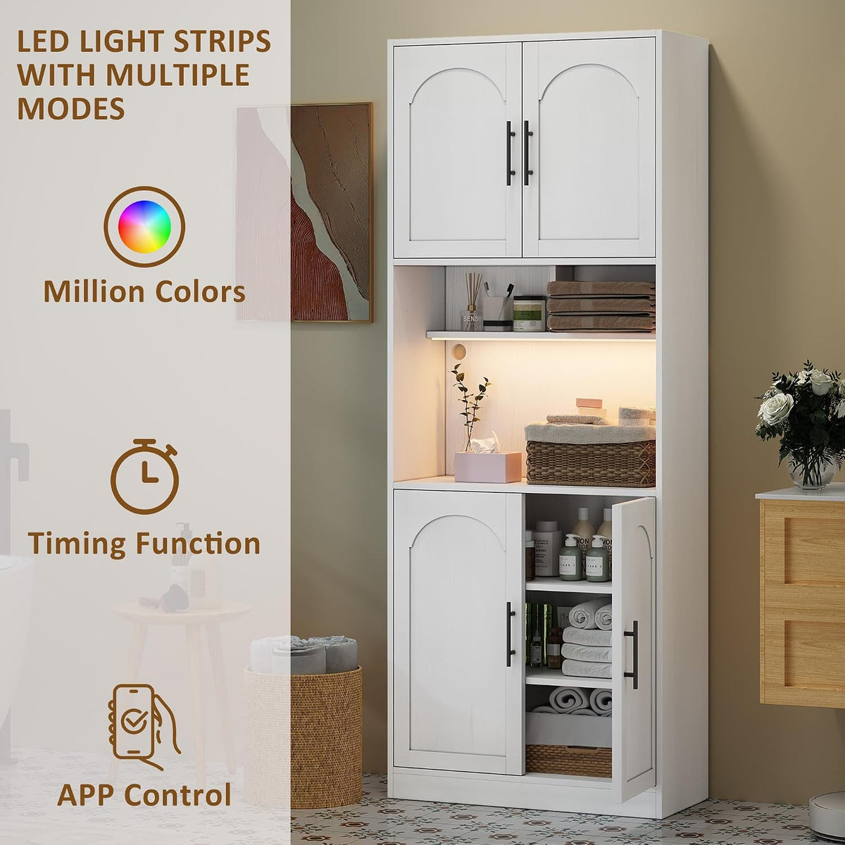 GarveeHome 71" Tall Pantry Cabinet with Countertop, Kitchen Cabinets with LED Light Strip & Microwave Shelf, Kitchen Hutch Storage Cabinet with Adjustable Shelves for Dining Room, White