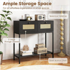 GOFLAME Rattan Console Table, Boho Entryway Table with 2 Drawers & Open Storage Shelf, Narrow Long Sofa Table with Metal Legs, Foyer Table Behind Couch Table for Living Room, Hallway, Black