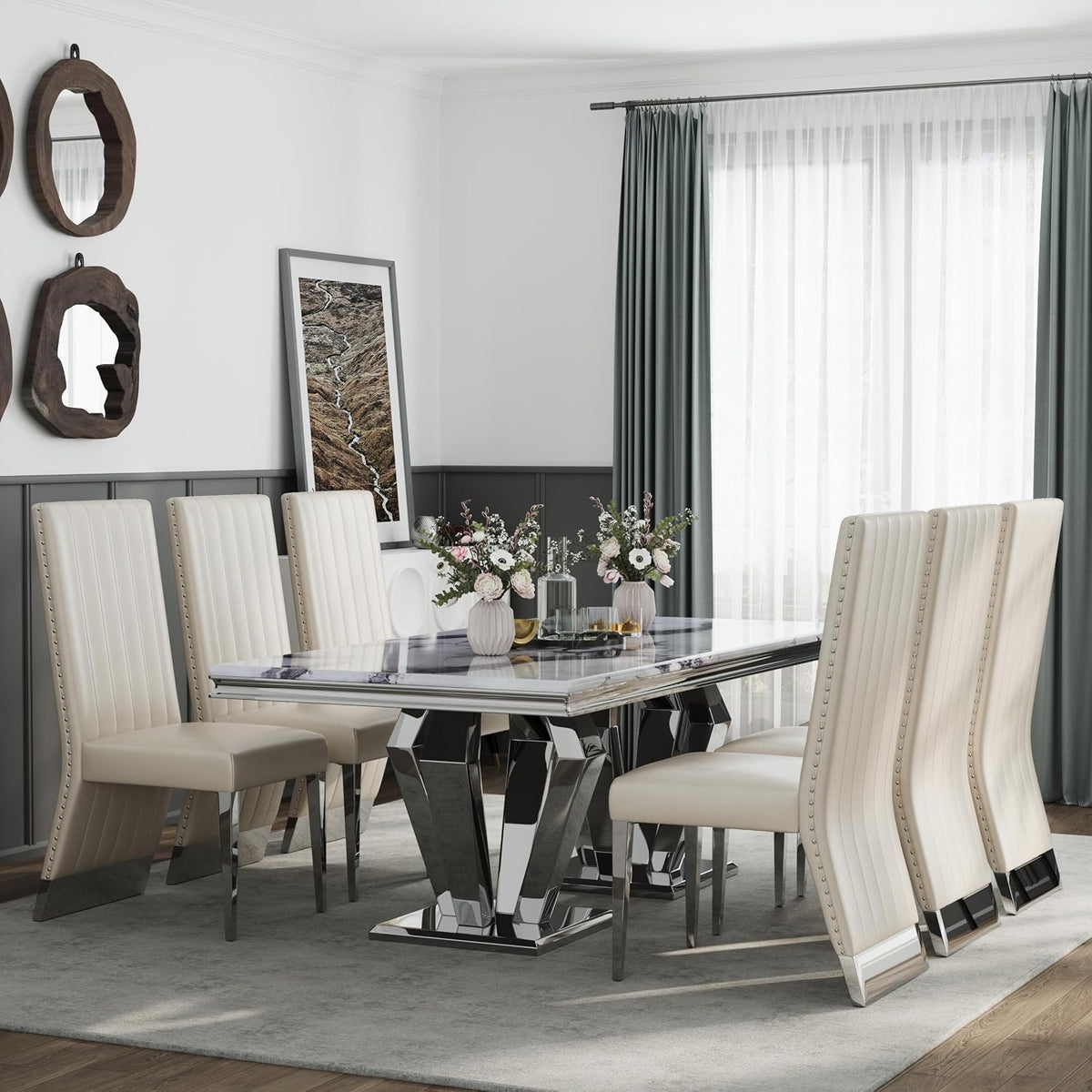 AUZ Modern White Leather Dining Chairs with Silver Mirrored Legs, Set of 2 | White Upholstered Leather Kitchen Room Chairs, High Back with Nailhead Trim, Polished Chrome Stainless Steel Legs