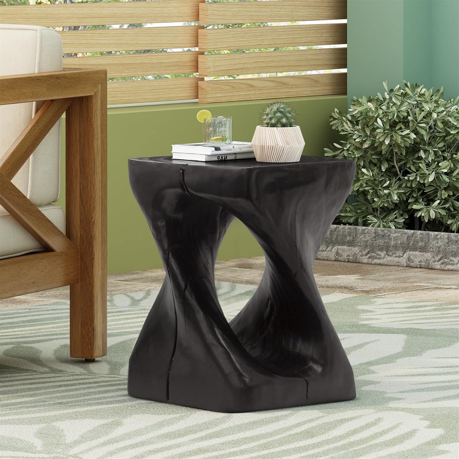 Magnesium Oxide Side Table Outdoor Square End Table Indoor, Lightweight Concrete Side Table for Courtyard Balcony, No Need Assembly, Black
