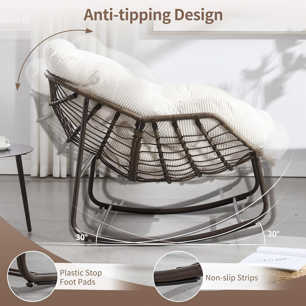 HOMEFUN Outdoor Patio Rocking Chairs, Oversized Papasan Rock Chair Indoor with Striped Velvet Padded Cushion - Rocker Egg Seat for Front Porch, Garden, Patio, Backyard White