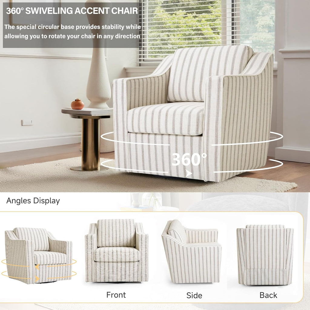 Swivel Accent Chair Set of 2, Fabric Upholstered Arm Chair for Living Room, Modern Club Armchair Comfy Single Sofa Bedroom Reading Seat with Lumbar Pillow - Pinstripe Light Brown