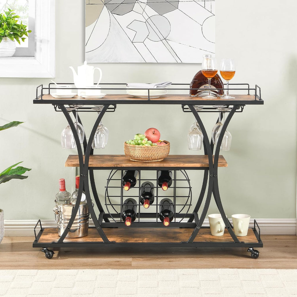 TQVAI Wooden Bar Cart with Wine Rack and Glass Holder, 3-Tier Rolling Bar Serving Cart for Home Bar, Kitchen, Party, Metal Frame, Lockable Wheels, Antique Brown