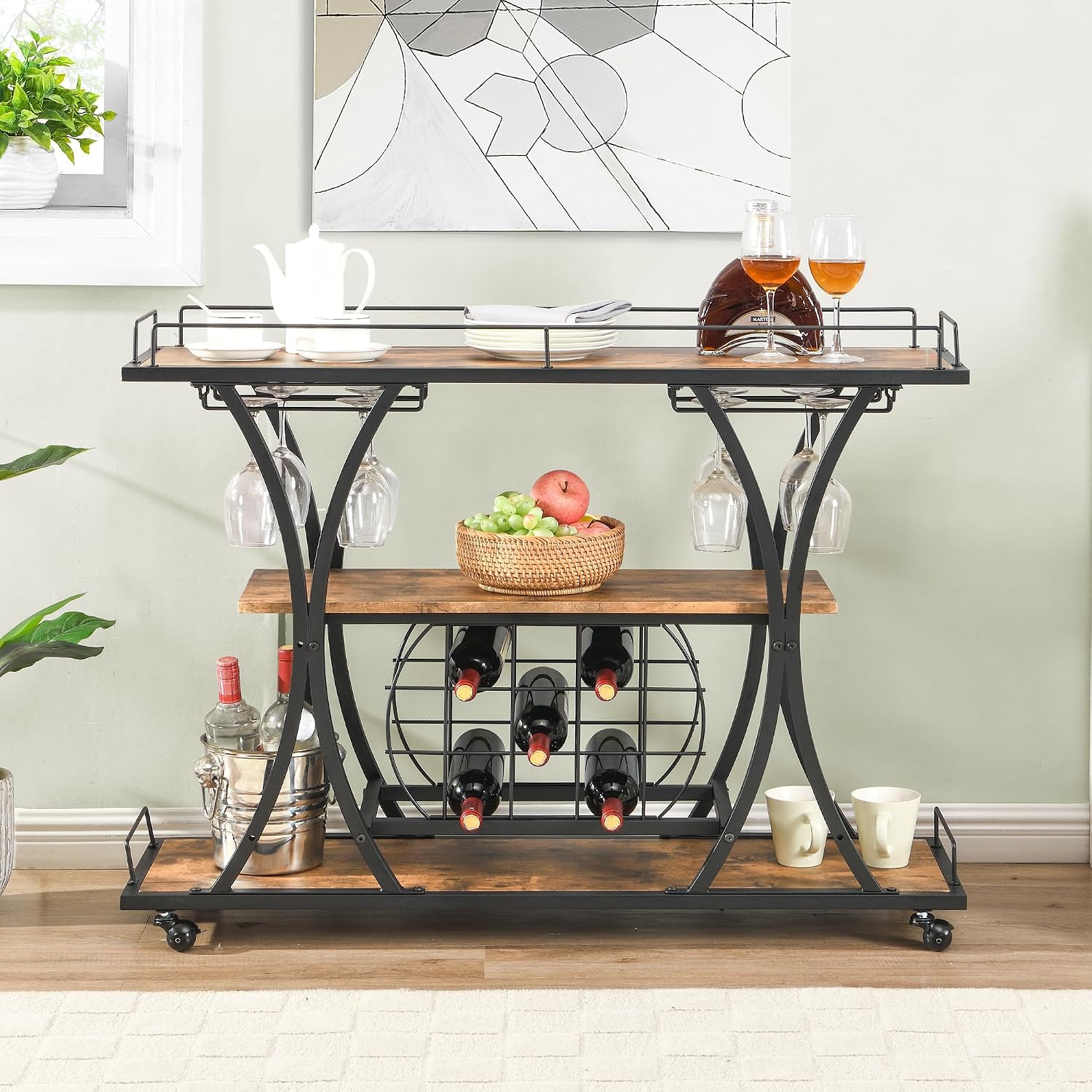 TQVAI Wooden Bar Cart with Wine Rack and Glass Holder, 3-Tier Rolling Bar Serving Cart for Home Bar, Kitchen, Party, Metal Frame, Lockable Wheels, Antique Brown