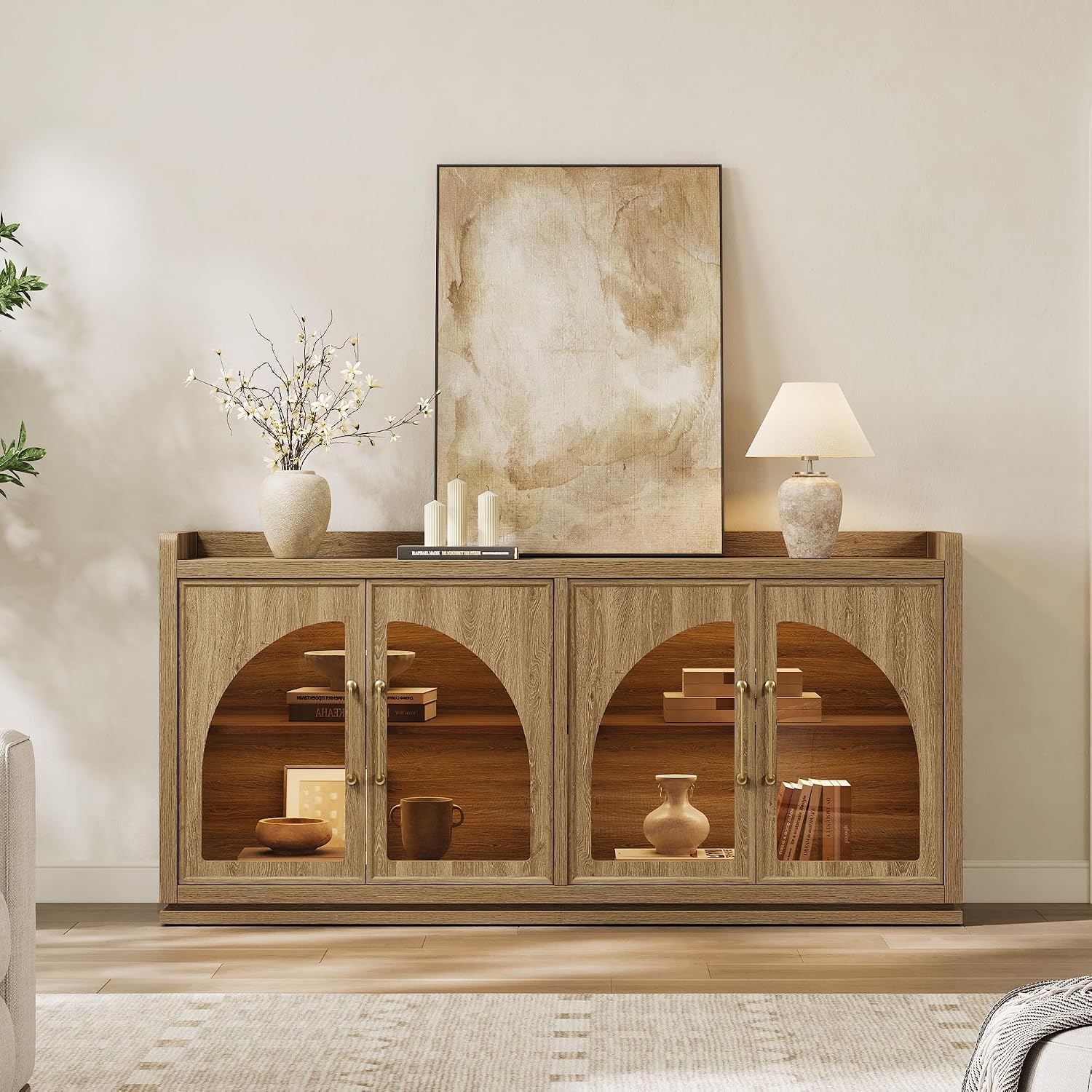 SICOTAS Sideboard Buffet Cabinet with Storage and LED Lights-Modern Large Credenza Storage Cabinet with Arch Glass Doors, Adjustable Shelves, 61.7" Wooden Media Console Coffee Bar Cabinet, Brown Oak