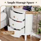 3 Drawers Nightstand, Wood End Table with Charging Station,Modern Round End Tables Living Room,Oval Side Table with Storage for Bedroom,Fully Assembled,White