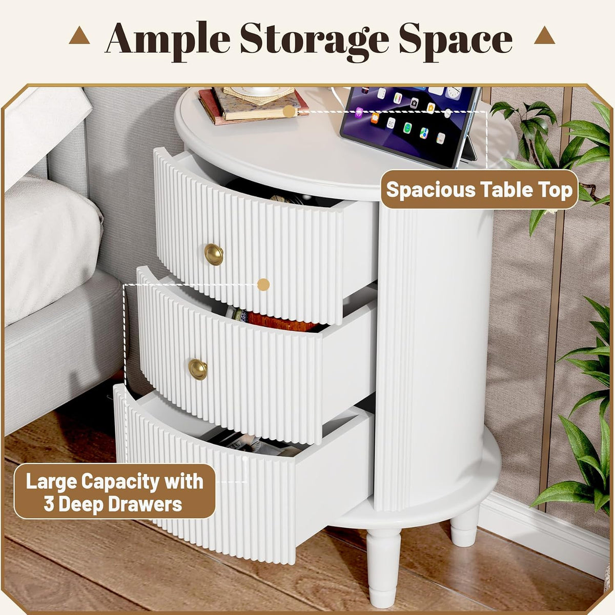 3 Drawers Nightstand, Wood End Table with Charging Station,Modern Round End Tables Living Room,Oval Side Table with Storage for Bedroom,Fully Assembled,White