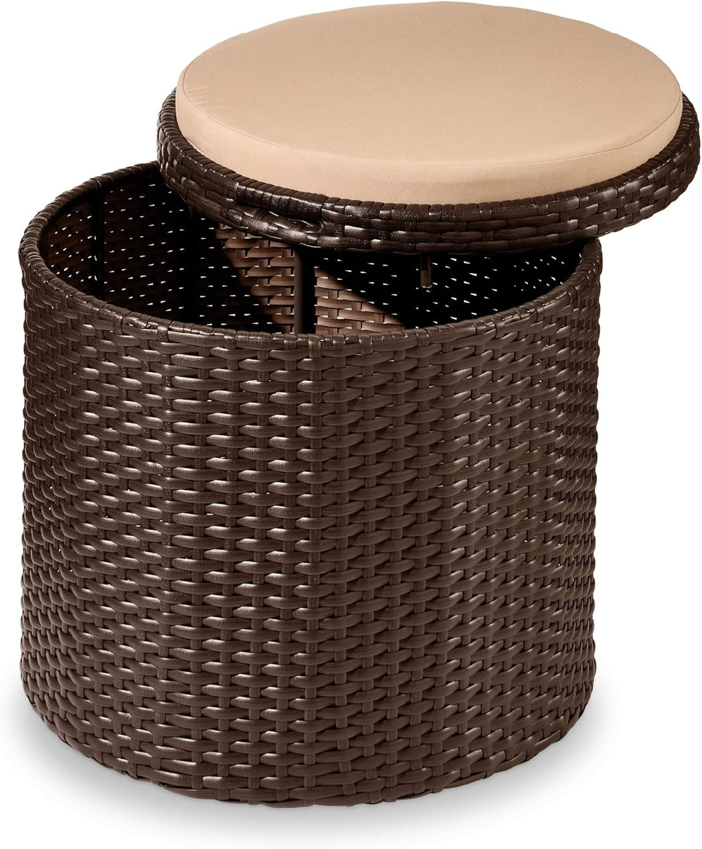 Best Choice Products Round Wicker Ottoman, Multipurpose Outdoor Furniture for Patio, Backyard, Additional Seating, Footrest, Side Table w/Storage, Removable Cushions – Brown/Beige